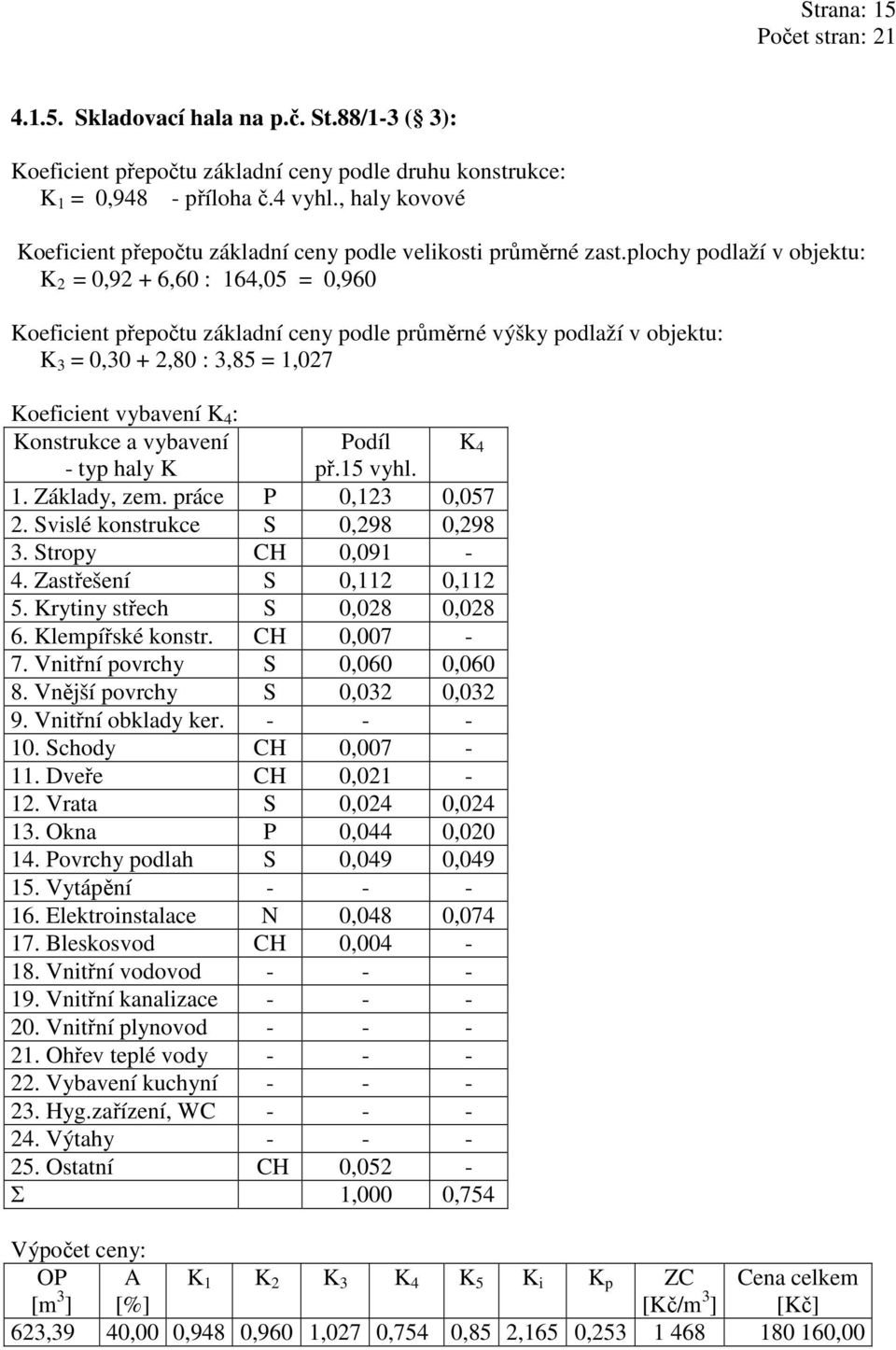 plochy podlaží v objektu: K 2 = 0,92 + 6,60 : 164,05 = 0,960 Koeficient přepočtu základní ceny podle průměrné výšky podlaží v objektu: K 3 = 0,30 + 2,80 : 3,85 = 1,027 Koeficient vybavení K 4 :