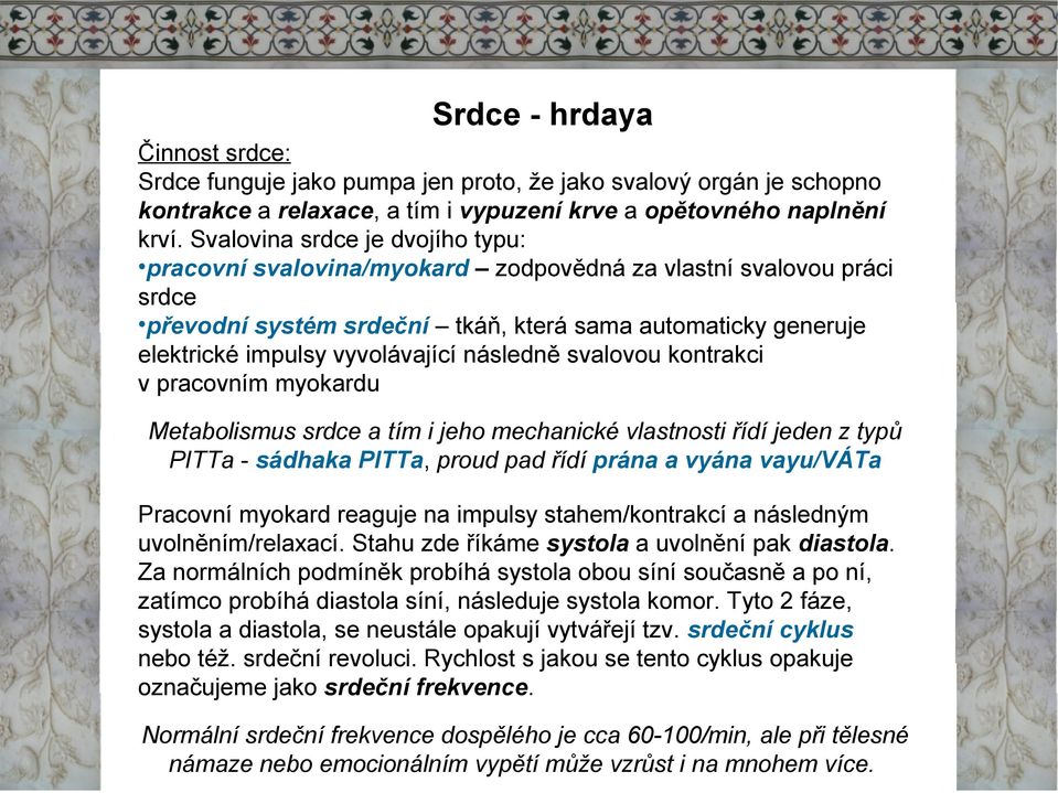 následně svalovou kontrakci vpracovním myokardu Metabolismus srdce a tím i jeho mechanické vlastnosti řídí jeden z typů PITTa - sádhaka PITTa, proud pad řídí prána a vyána vayu/váta Pracovní myokard