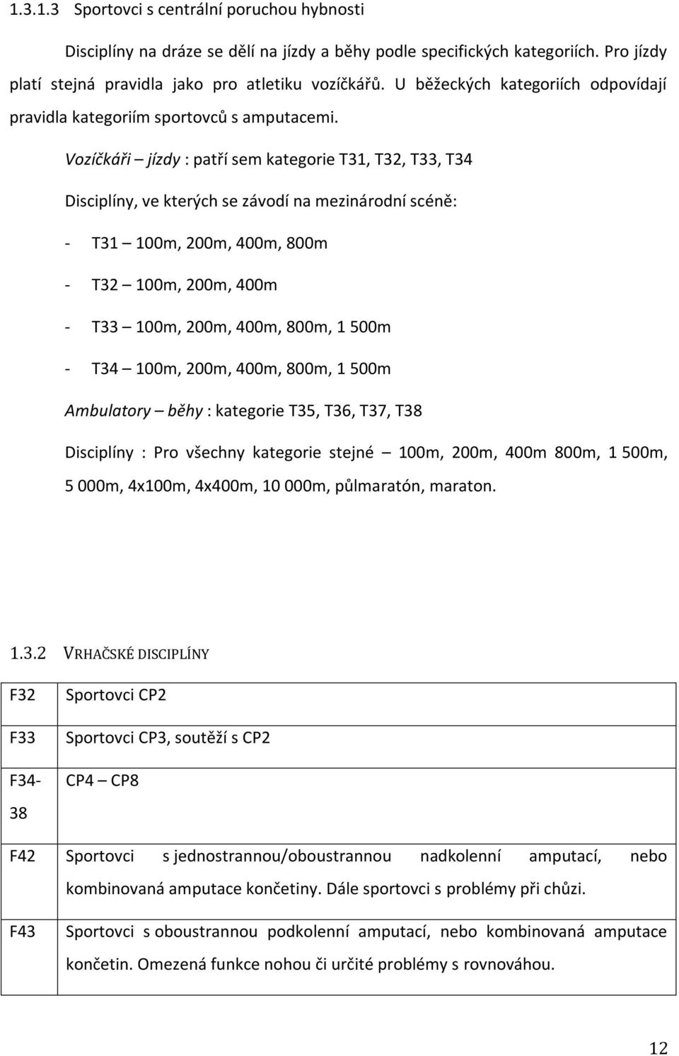 Vozíčkáři jízdy : patří sem kategorie T31, T32, T33, T34 Disciplíny, ve kterých se závodí na mezinárodní scéně: - T31 100m, 200m, 400m, 800m - T32 100m, 200m, 400m - T33 100m, 200m, 400m, 800m, 1