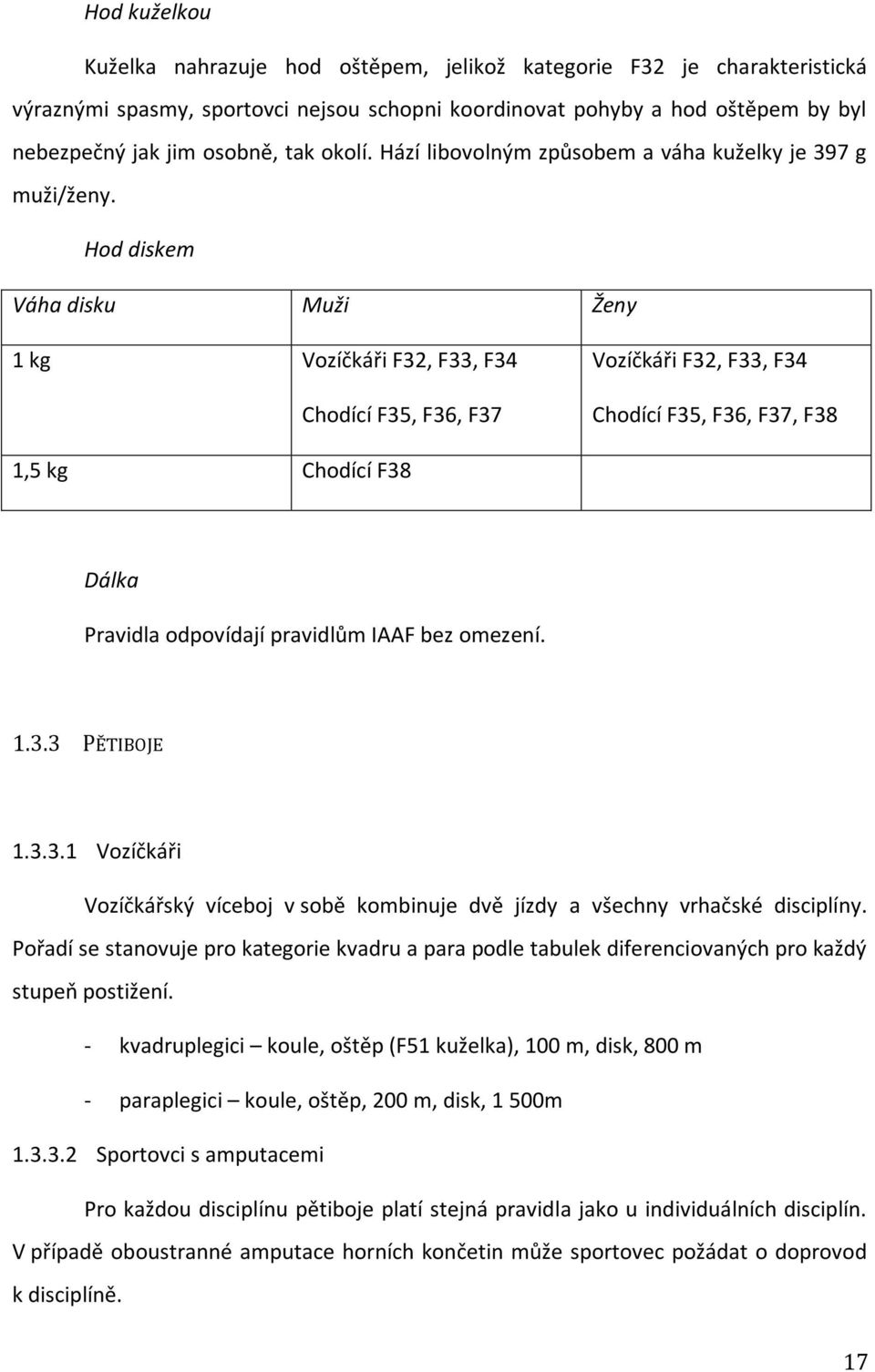 Hod diskem Váha disku Muži Ženy 1 kg Vozíčkáři F32, F33, F34 Chodící F35, F36, F37 Vozíčkáři F32, F33, F34 Chodící F35, F36, F37, F38 1,5 kg Chodící F38 Dálka Pravidla odpovídají pravidlům IAAF bez