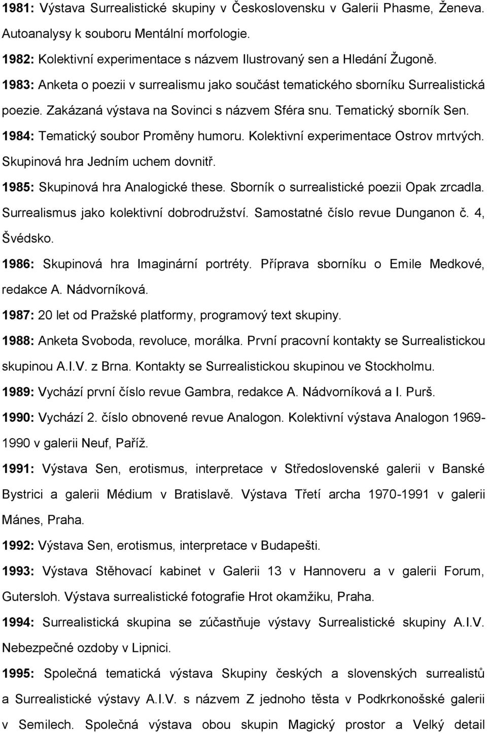 1984: Tematický soubor Proměny humoru. Kolektivní experimentace Ostrov mrtvých. Skupinová hra Jedním uchem dovnitř. 1985: Skupinová hra Analogické these. Sborník o surrealistické poezii Opak zrcadla.