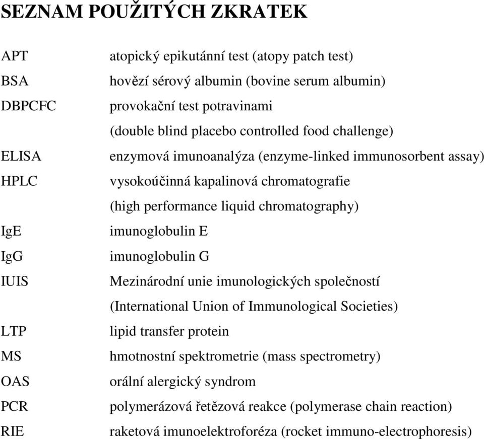 performance liquid chromatography) imunoglobulin E imunoglobulin G Mezinárodní unie imunologických společností (International Union of Immunological Societies) lipid transfer