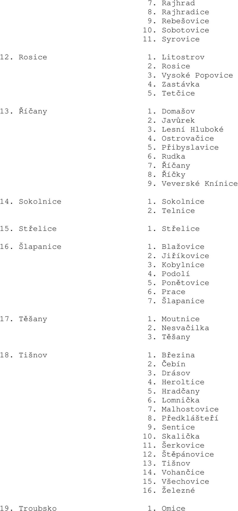 Blažovice 2. Jiříkovice 3. Kobylnice 4. Podolí 5. Ponětovice 6. Prace 7. Šlapanice 17. Těšany 1. Moutnice 2. Nesvačilka 3. Těšany 18. Tišnov 1. Březina 2. Čebín 3. Drásov 4.