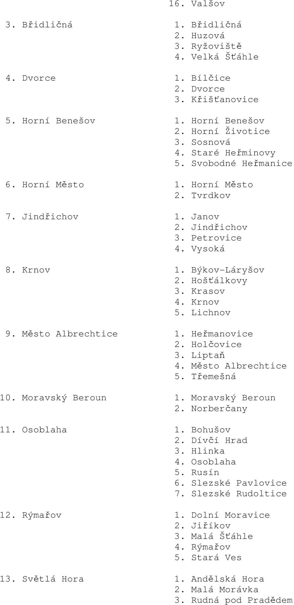 Lichnov 9. Město Albrechtice 1. Heřmanovice 2. Holčovice 3. Liptaň 4. Město Albrechtice 5. Třemešná 10. Moravský Beroun 1. Moravský Beroun 2. Norberčany 11. Osoblaha 1. Bohušov 2. Dívčí Hrad 3.