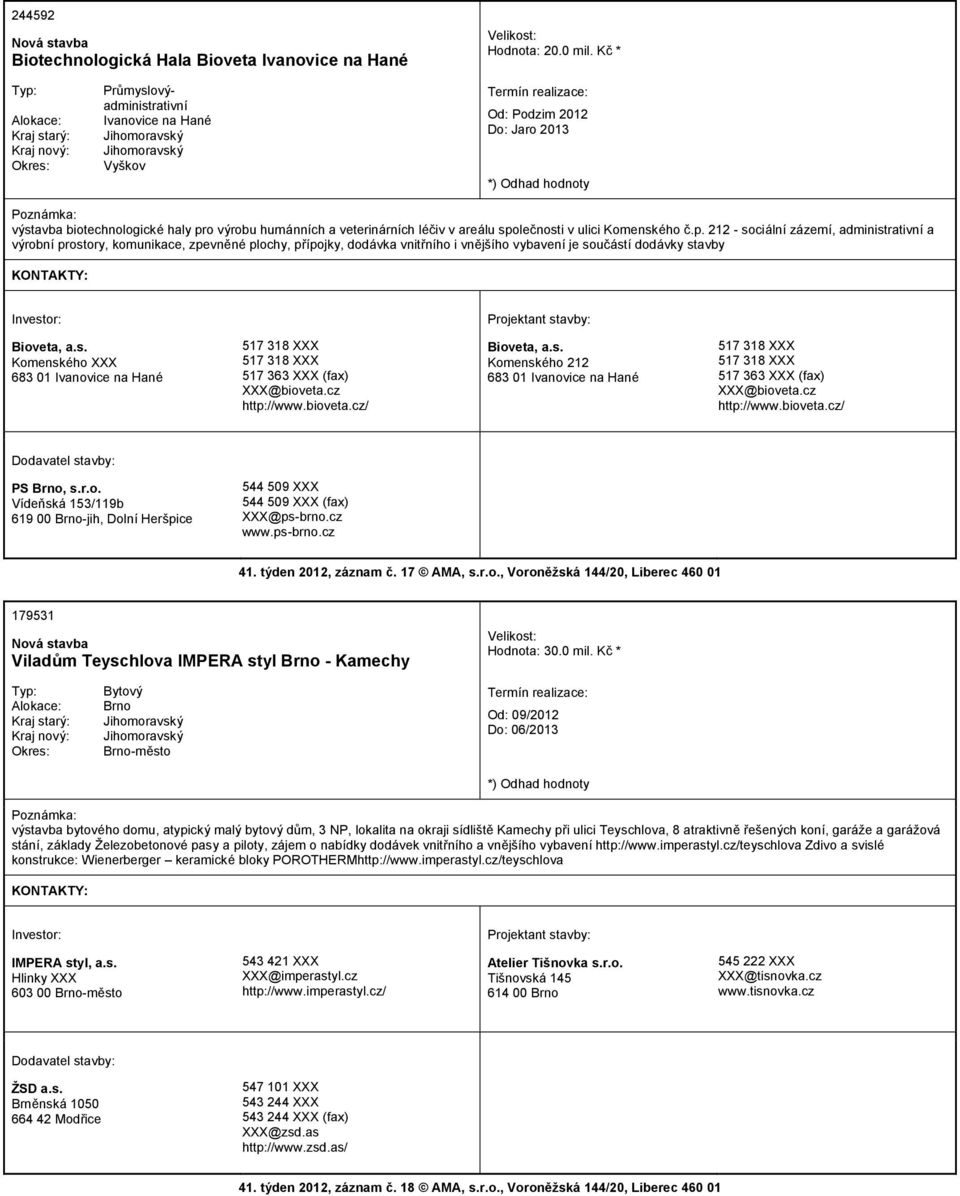 č.p. 212 - sociální zázemí, administrativní a výrobní prostory, komunikace, zpevněné plochy, přípojky, dodávka vnitřního i vnějšího vybavení je součástí dodávky stavby Bioveta, a.s. Komenského XXX 683 01 Ivanovice na Hané 517 318 XXX 517 318 XXX 517 363 XXX (fax) XXX@bioveta.
