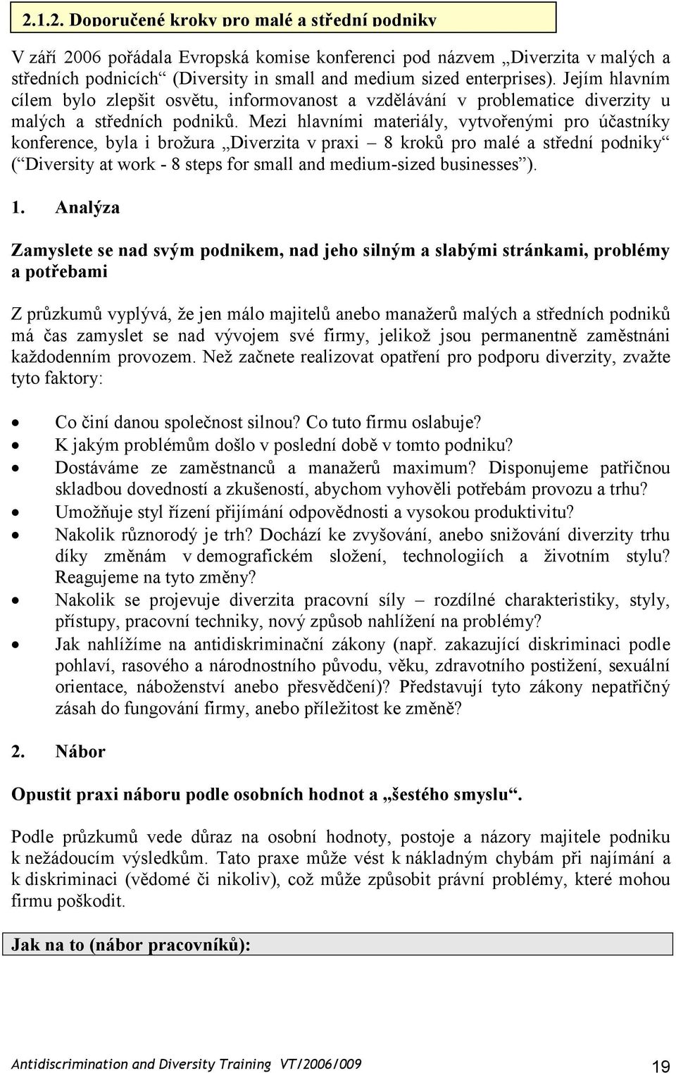 Mezi hlavními materiály, vytvořenými pro účastníky konference, byla i brožura Diverzita v praxi 8 kroků pro malé a střední podniky ( Diversity at work - 8 steps for small and medium-sized businesses