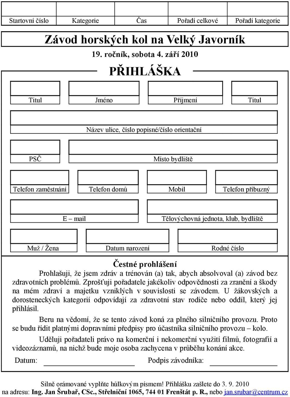 bydliště Muž / Žena Datum narození Rodné číslo Čestné prohlášení Prohlašuji, že jsem zdráv a trénován (a) tak, abych absolvoval (a) závod bez zdravotních problémů.