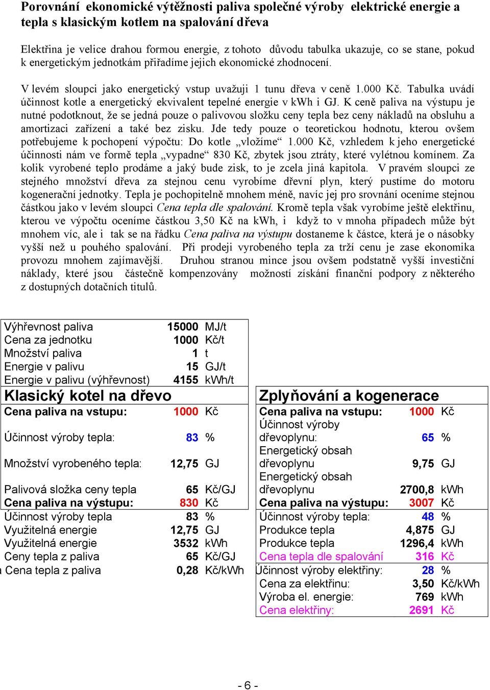 Tabulka uvádí účinnost kotle a energetický ekvivalent tepelné energie v kwh i GJ.