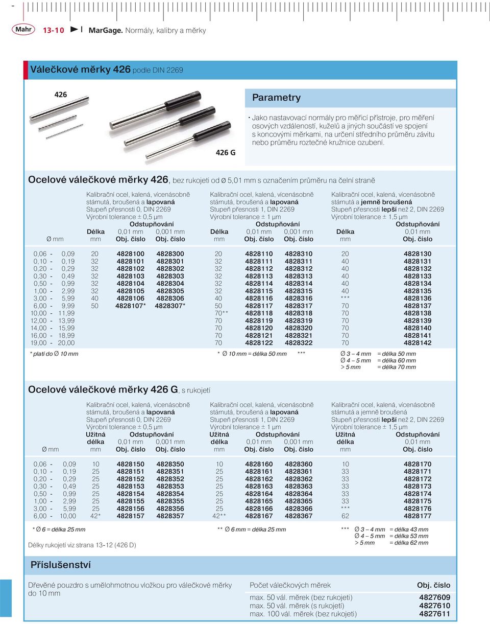 Ocelové válečkové měrky 426, bez rukojeti od Ø 5,01 mm s označením průměru na čelní straně Kalibrační ocel, kalená, vícenásobně Kalibrační ocel, kalená, vícenásobně Kalibrační ocel, kalená,