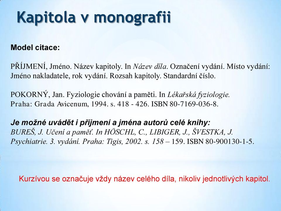 ISBN 80-7169-036-8. Je možné uvádět i příjmení a jména autorů celé knihy: BUREŠ, J. Učení a paměť. In HÖSCHL, C., LIBIGER, J., ŠVESTKA, J.