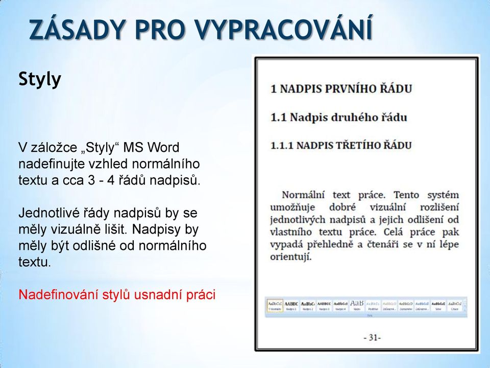 Jednotlivé řády nadpisů by se měly vizuálně lišit.