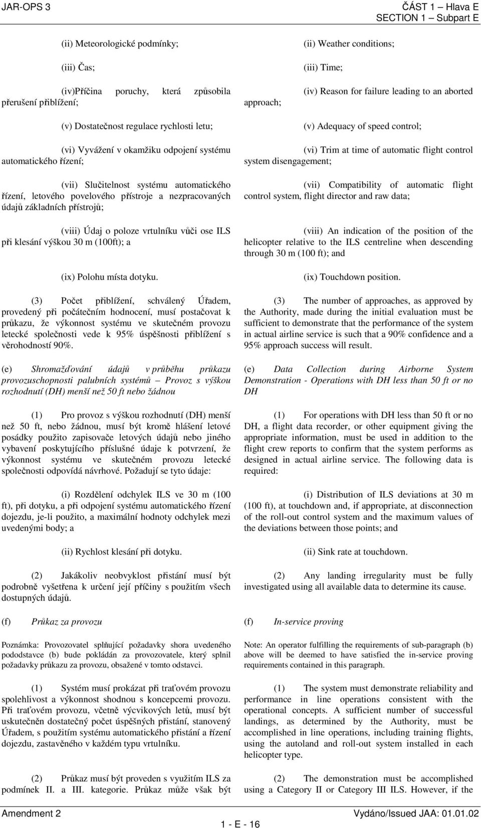 systému automatického řízení, letového povelového přístroje a nezpracovaných údajů základních přístrojů; (viii) Údaj o poloze vrtulníku vůči ose ILS při klesání výškou 30 m (100ft); a (ix) Polohu