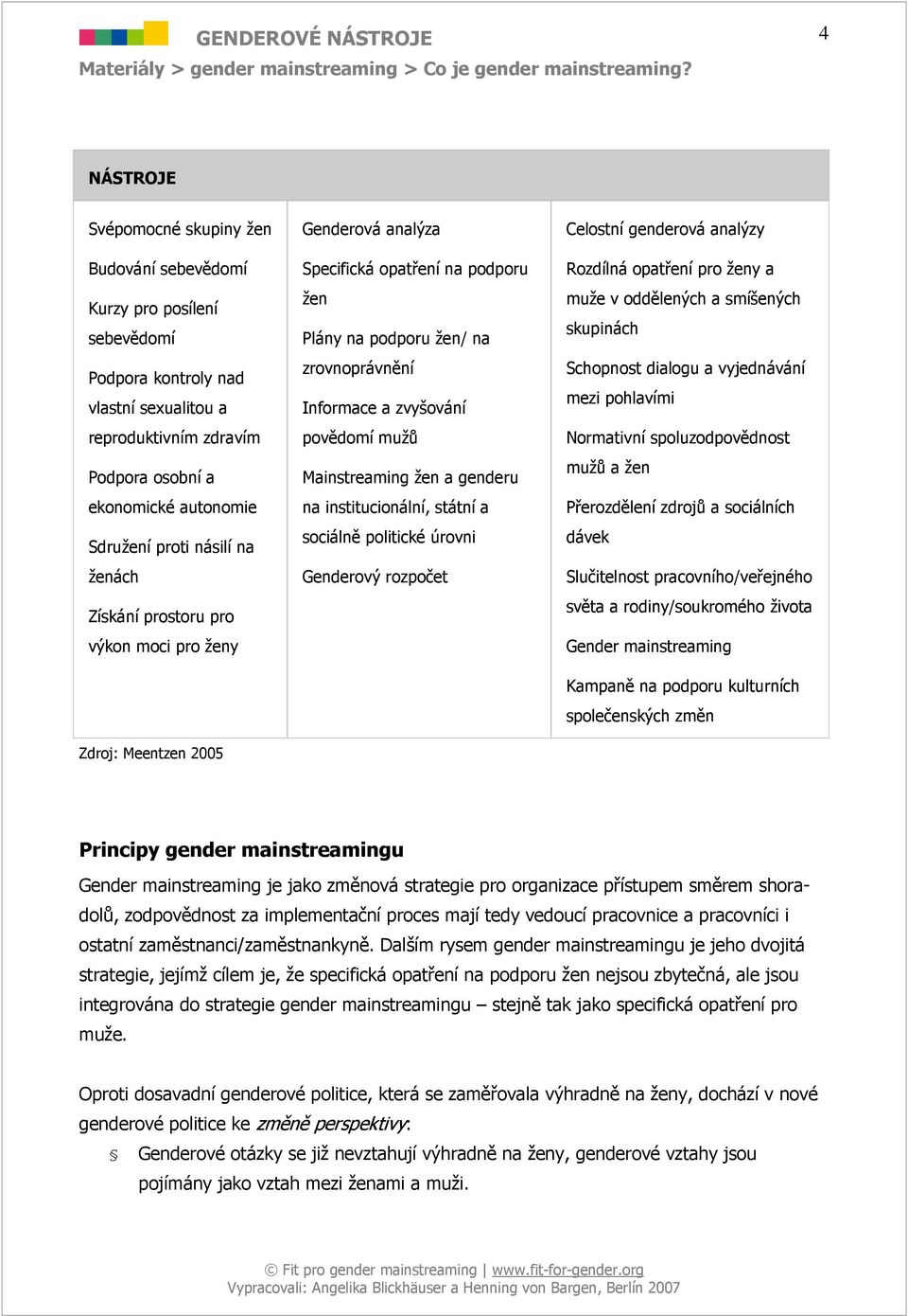 povědomí mužů Mainstreaming žen a genderu na institucionální, státní a sociálně politické úrovni Genderový rozpočet Celostní genderová analýzy Rozdílná opatření pro ženy a muže v oddělených a