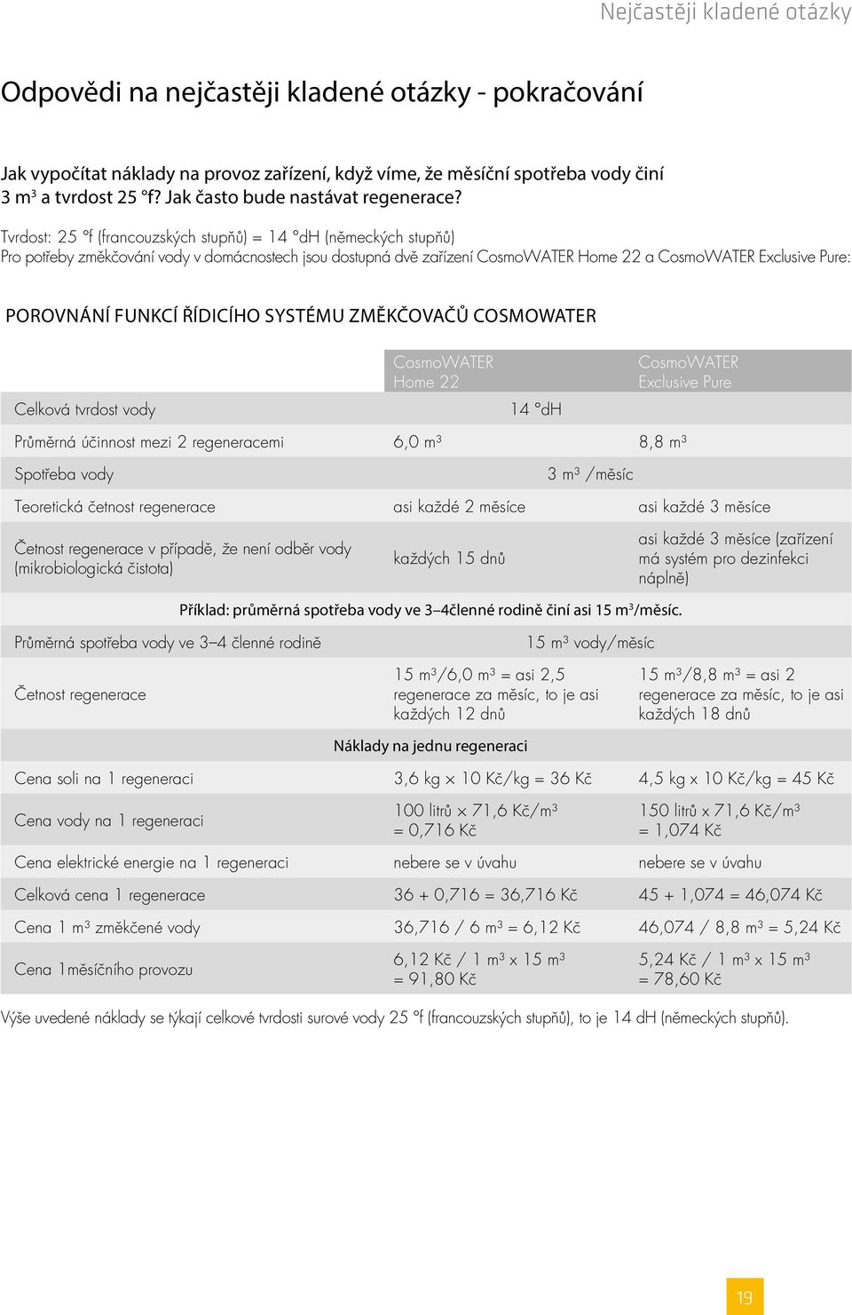 Tvrdost: 25 f (francouzských stupňů) = 14 dh (německých stupňů) Pro potřeby změkčování vody v domácnostech jsou dostupná dvě zařízení CosmoWATER Home 22 a CosmoWATER Exclusive Pure: POROVNÁNÍ FUNKCÍ