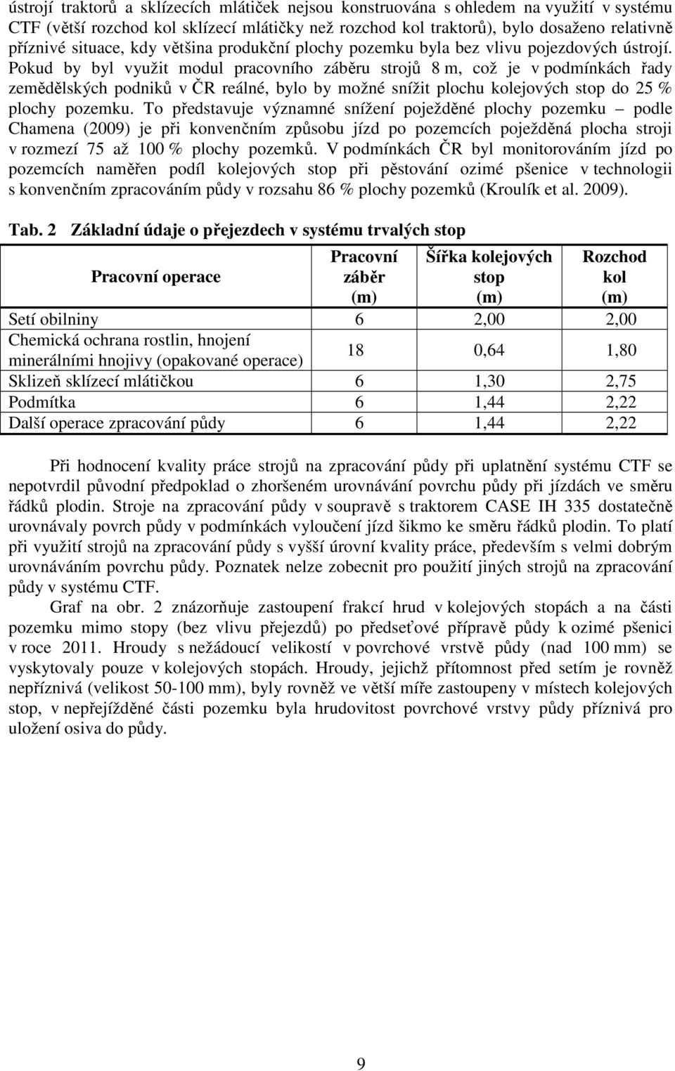 Pokud by byl využit modul pracovního záběru strojů 8 m, což je v podmínkách řady zemědělských podniků v ČR reálné, bylo by možné snížit plochu kolejových stop do 25 % plochy pozemku.