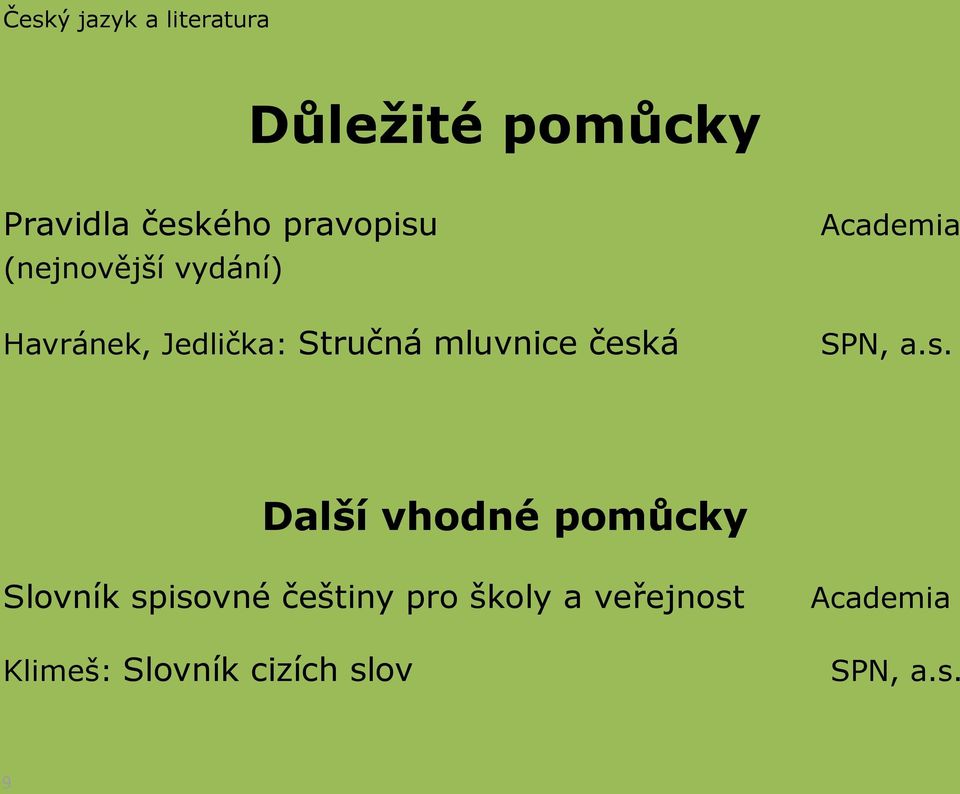 česká Academia SPN, a.s. Další vhodné pomůcky Slovník spisovné