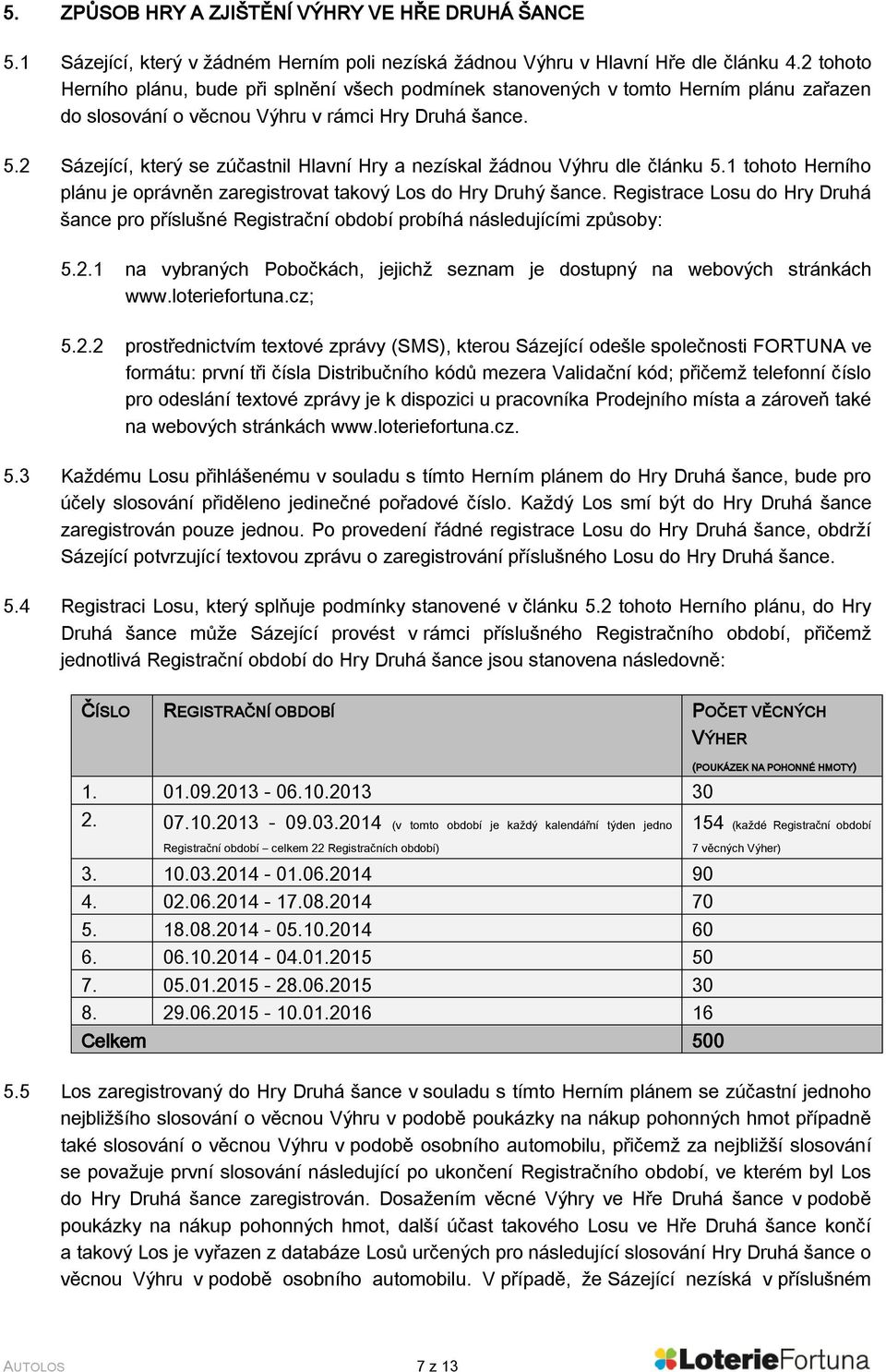 2 Sázející, který se zúčastnil Hlavní Hry a nezískal žádnou Výhru dle článku 5.1 tohoto Herního plánu je oprávněn zaregistrovat takový Los do Hry Druhý šance.