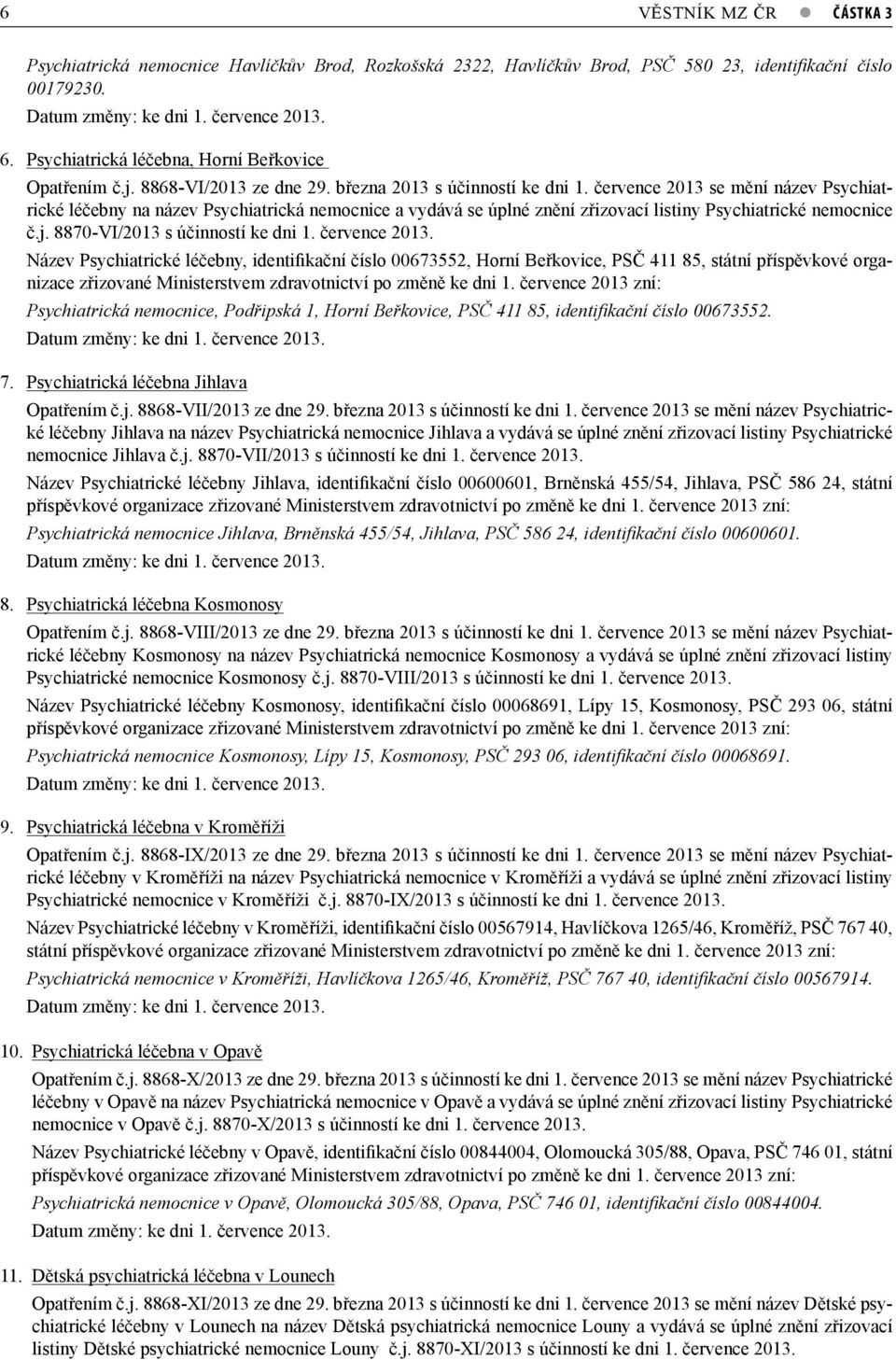 července 2013 se mění název Psychiatrické léčebny na název Psychiatrická nemocnice a vydává se úplné znění zřizovací listiny Psychiatrické nemocnice č.j. 8870-VI/2013 s účinností ke dni 1.