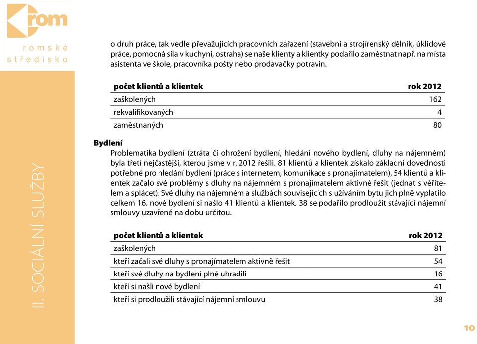 SOCIÁLNÍ SLUŽBY Bydlení Problematika bydlení (ztráta či ohrožení bydlení, hledání nového bydlení, dluhy na nájemném) byla třetí nejčastější, kterou jsme v r. 2012 řešili.