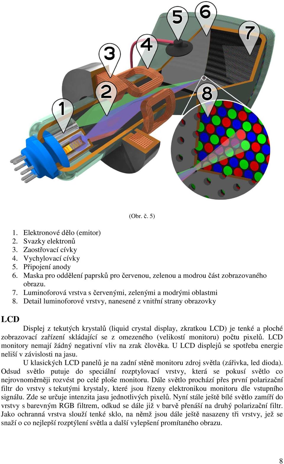 Detail luminoforové vrstvy, nanesené z vnitřní strany obrazovky Displej z tekutých krystalů (liquid crystal display, zkratkou LCD) je tenké a ploché zobrazovací zařízení skládající se z omezeného