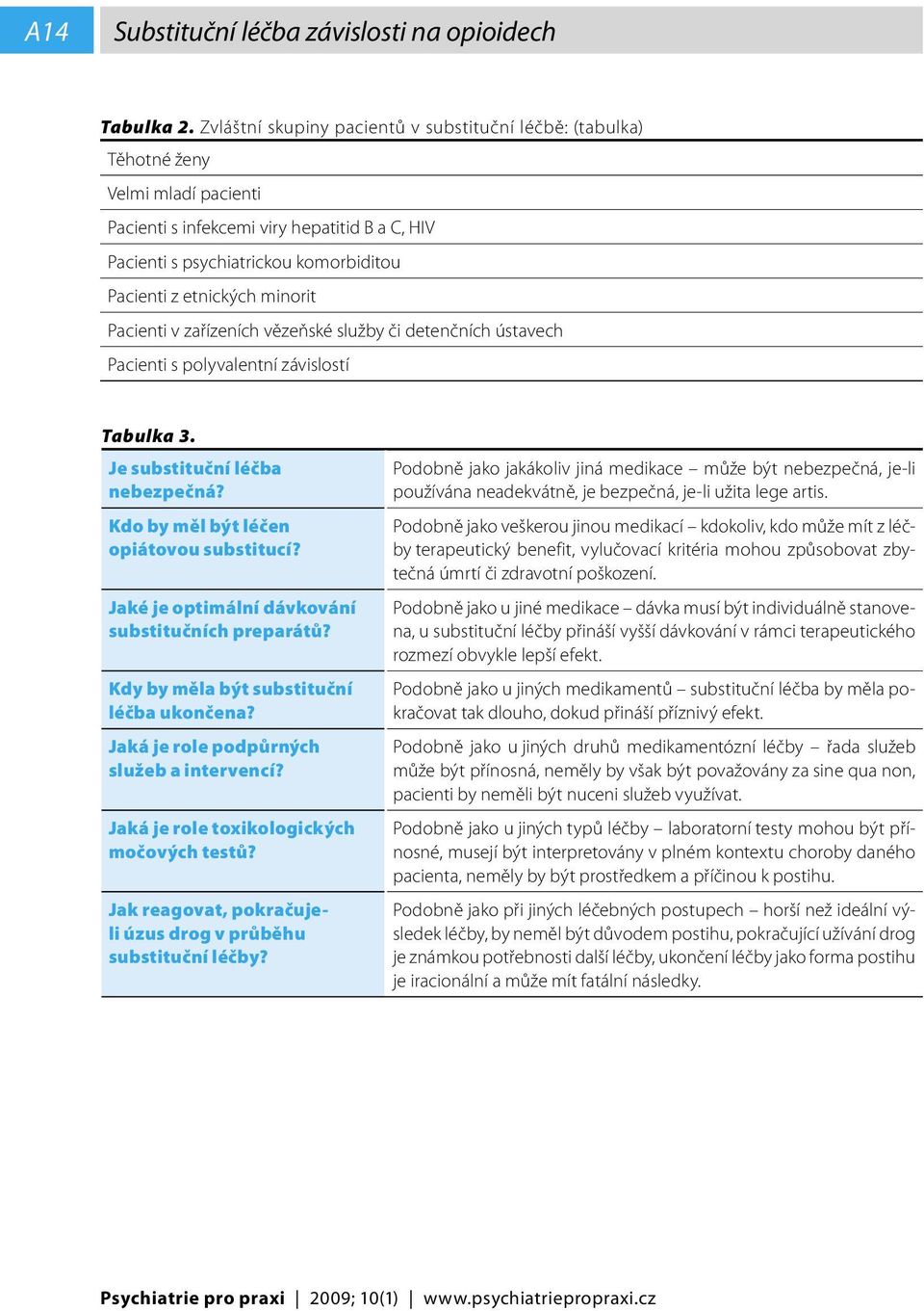 minorit Pacienti v zařízeních vězeňské služby či detenčních ústavech Pacienti s polyvalentní závislostí Tabulka 3. Je substituční léčba nebezpečná? Kdo by měl být léčen opiátovou substitucí?