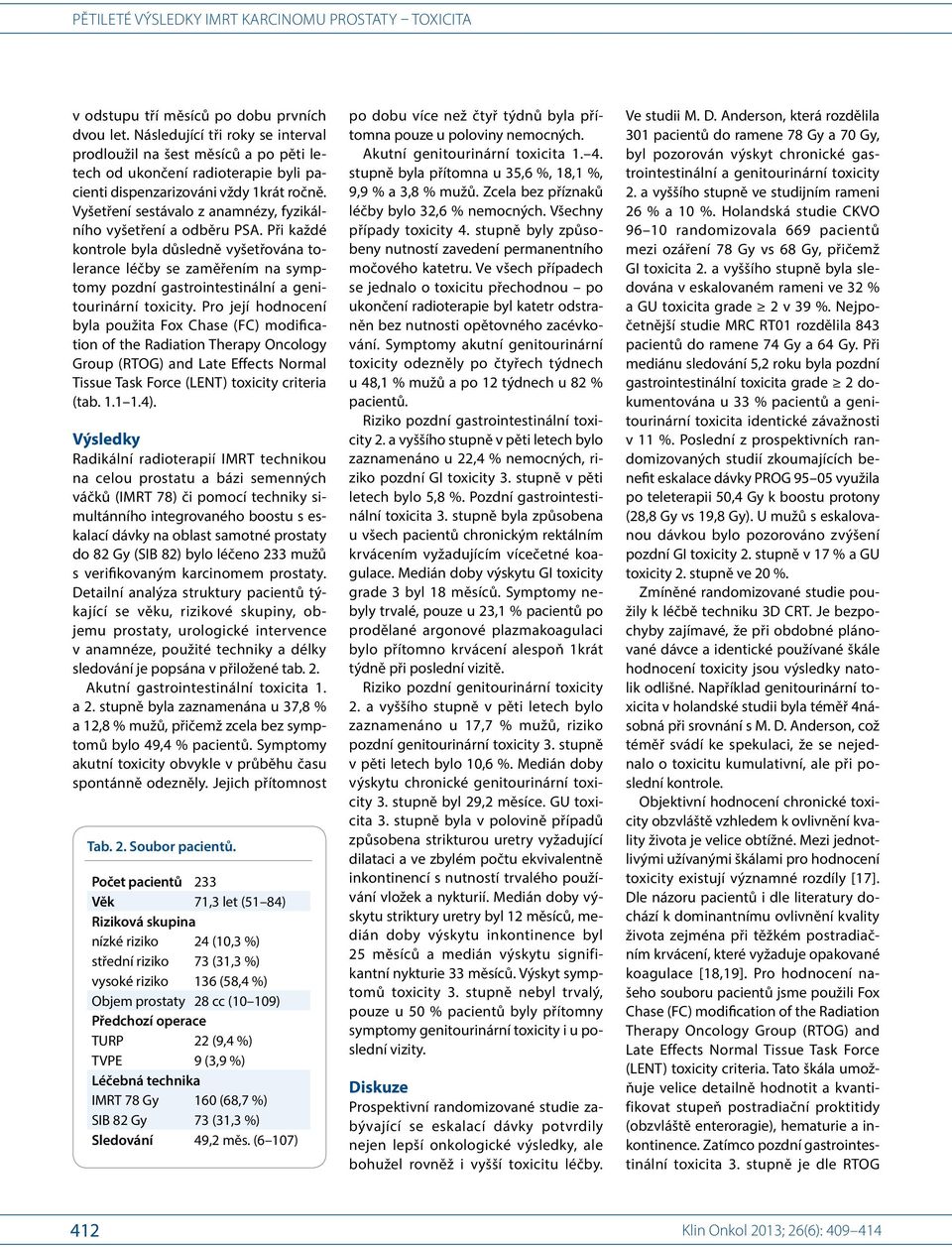 Při každé kontrole byla důsledně vyšetřována tolerance léčby se zaměřením na symptomy pozdní gastrointestinální a genitourinární toxicity.