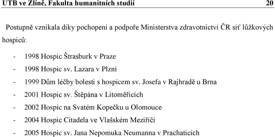 Lazara v Plzni - 1999 Dům léčby bolesti s hospicem sv. Josefa v Rajhradě u Brna - 2001 Hospic sv.