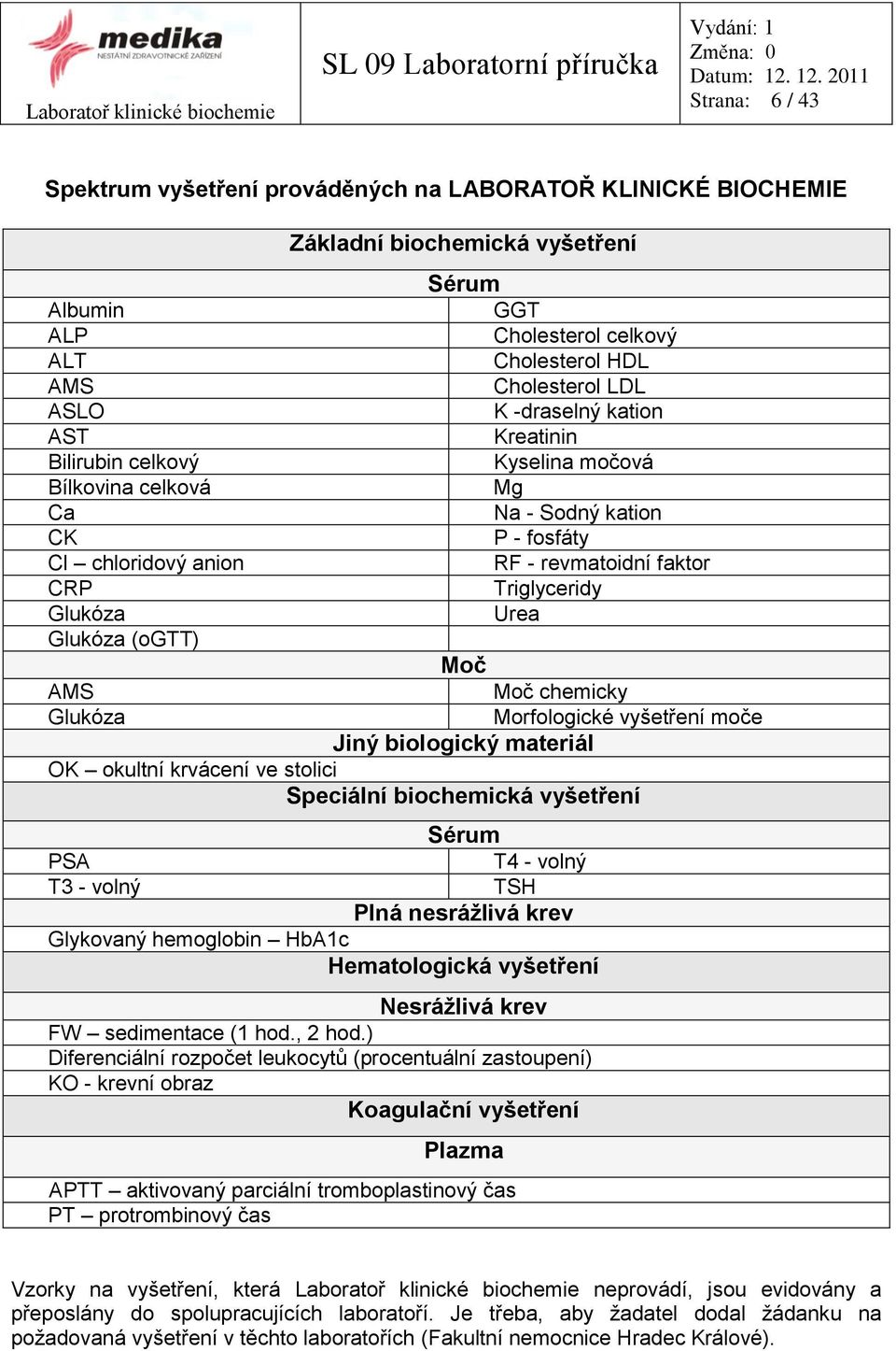 faktor Triglyceridy Urea Moč Moč chemicky Morfologické vyšetření moče Jiný biologický materiál OK okultní krvácení ve stolici Speciální biochemická vyšetření PSA T3 - volný Sérum T4 - volný TSH Plná