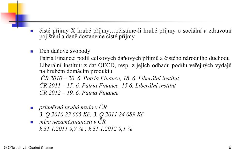 z jejich odhadu podílu veřejných výdajů na hrubém domácím produktu ČR 2010 20. 6. Patria Finance, 18. 6. Liberální institut ČR 2011 15. 6. Patria Finance, 15.