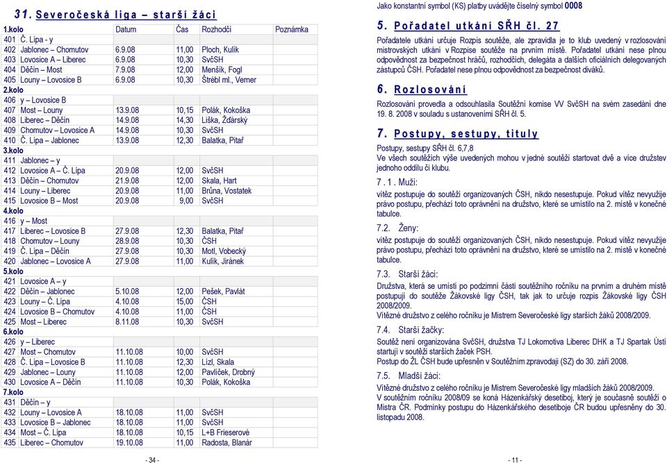 9.08 10,30 SvčSH 410 Č. Lípa Jablonec 13.9.08 12,30 Balatka, Pitař 3.kolo 411 Jablonec y 412 Lovosice A Č. Lípa 20.9.08 12,00 SvčSH 413 Děčín Chomutov 21.9.08 12,00 Skala, Hart 414 Louny Liberec 20.9.08 11,00 Brůna, Vostatek 415 Lovosice B Most 20.