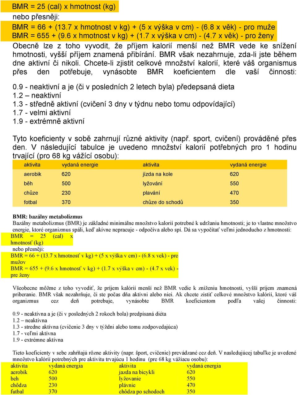 Chcete-li zjistit celkové množství kalorií, které váš organismus přes den potřebuje, vynásobte BMR koeficientem dle vaší činnosti: 0.