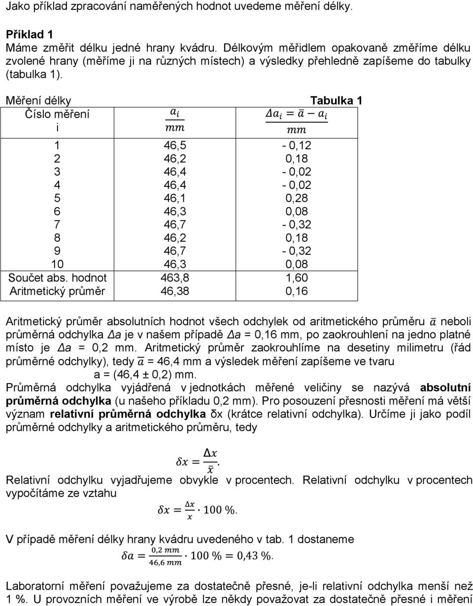 Měření délky Tabulka 1 Číslo měření i 1 2 3 4 5 6 7 8 9 10 Součet abs.