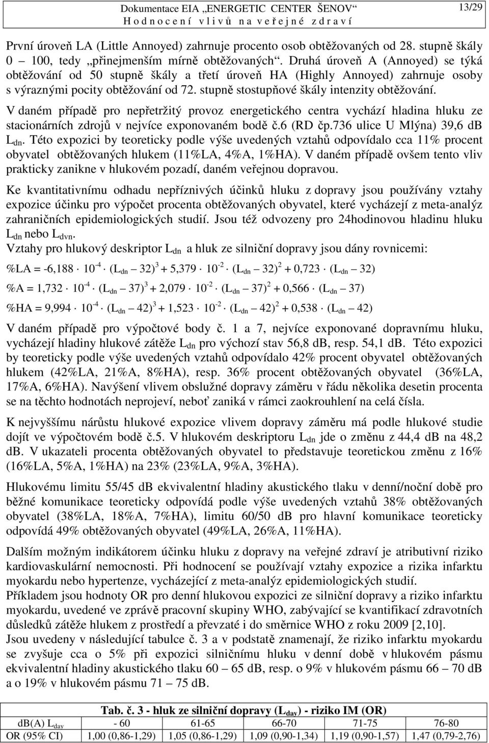 V daném případě pro nepřetržitý provoz energetického centra vychází hladina hluku ze stacionárních zdrojů v nejvíce exponovaném bodě č.6 (RD čp.736 ulice U Mlýna) 39,6 db L dn.