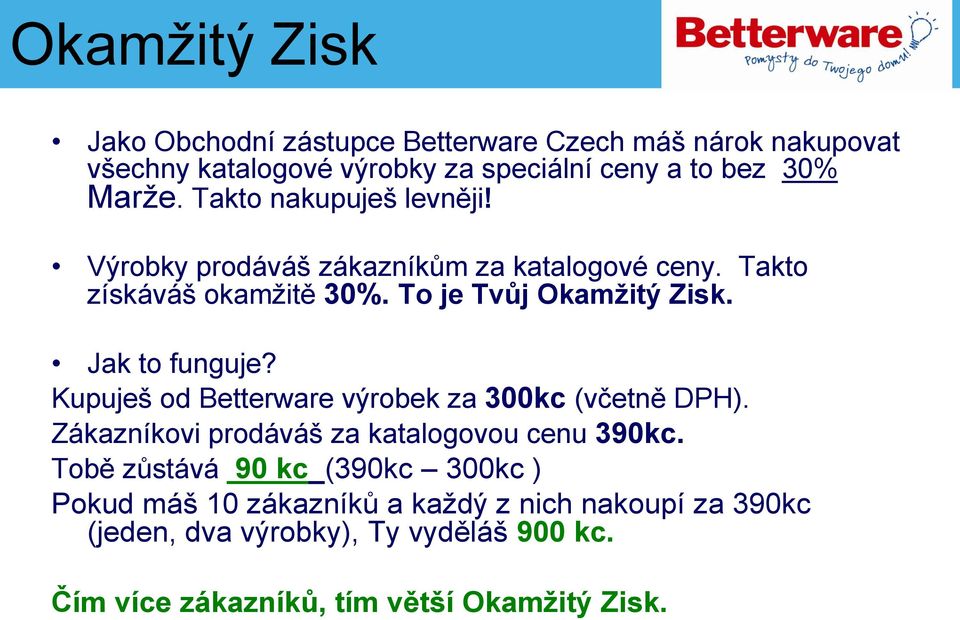 Jak to funguje? Kupuješ od Betterware výrobek za 300kc (včetně DPH). Zákazníkovi prodáváš za katalogovou cenu 390kc.