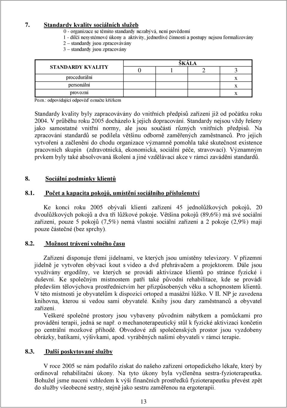 : odpovídající odpověď označte křížkem ŠKÁLA 0 1 2 3 x x x Standardy kvality byly zapracovávány do vnitřních předpisů zařízení již od počátku roku 2004. V průběhu roku docházelo k jejich dopracování.