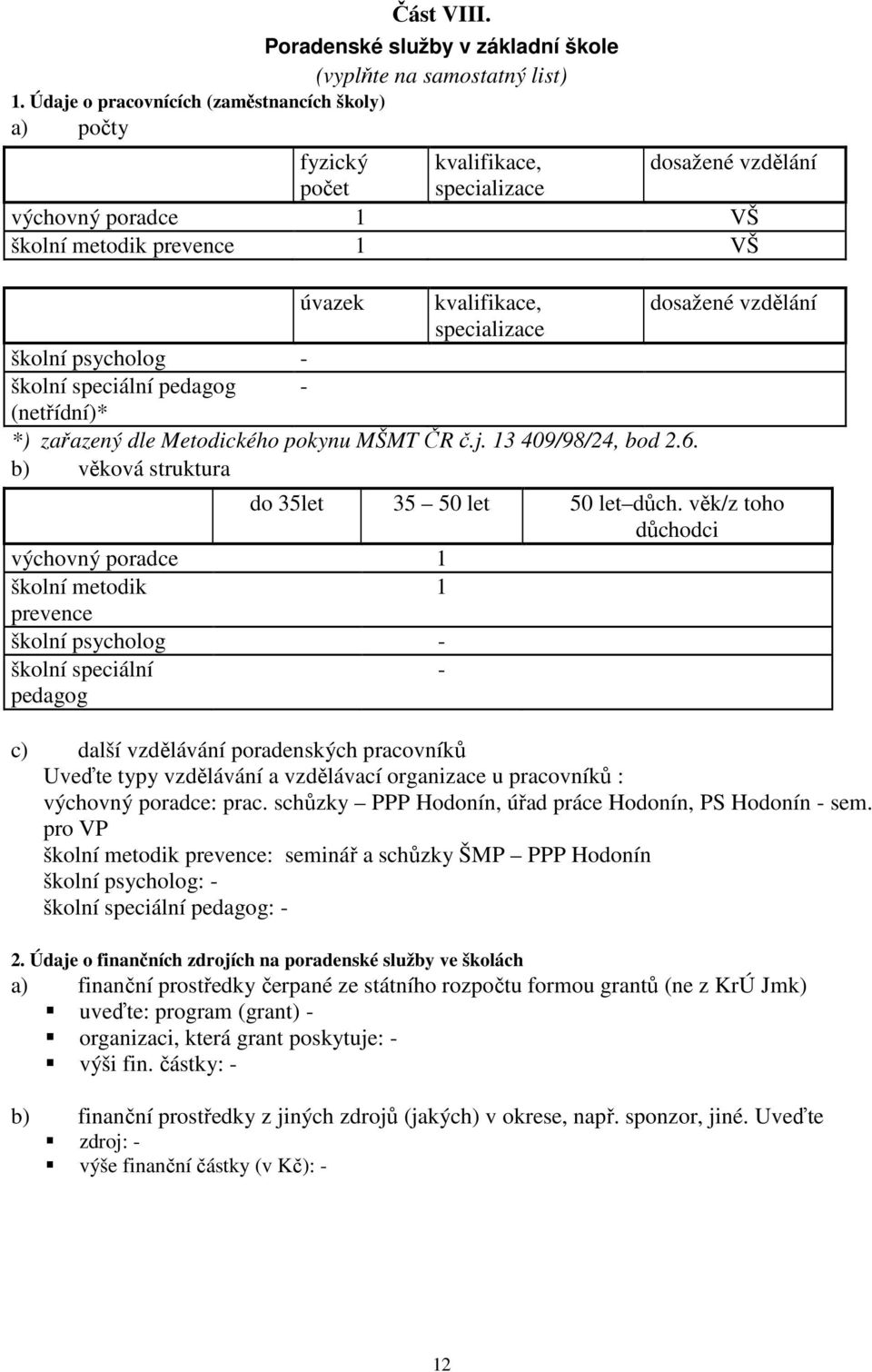 specializace školní psycholog - školní speciální pedagog - (netřídní)* *) zařazený dle Metodického pokynu MŠMT ČR č.j. 13 409/98/24, bod 2.6. b) věková struktura do 35let 35 50 let 50 let důch.