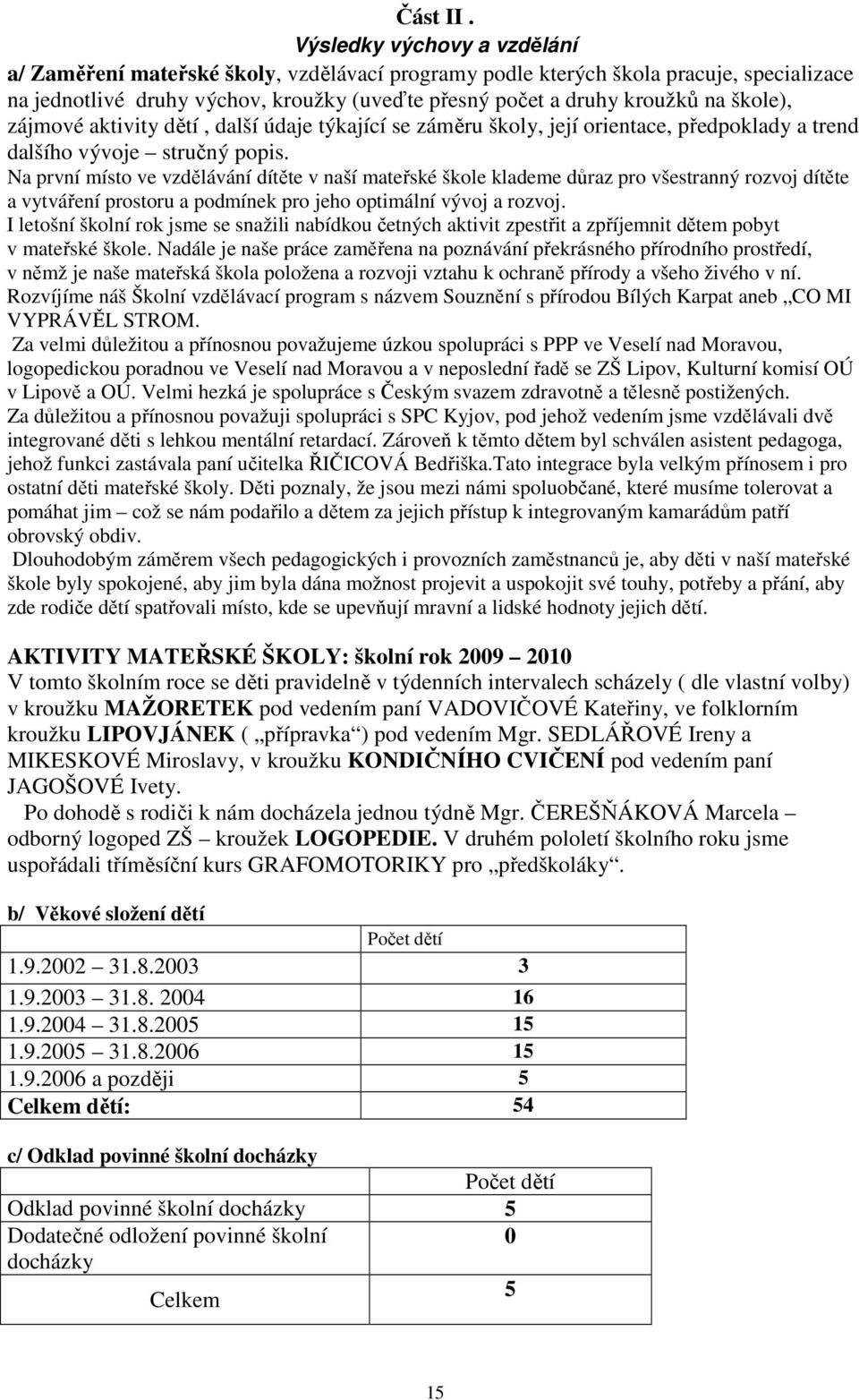 škole), zájmové aktivity dětí, další údaje týkající se záměru školy, její orientace, předpoklady a trend dalšího vývoje stručný popis.