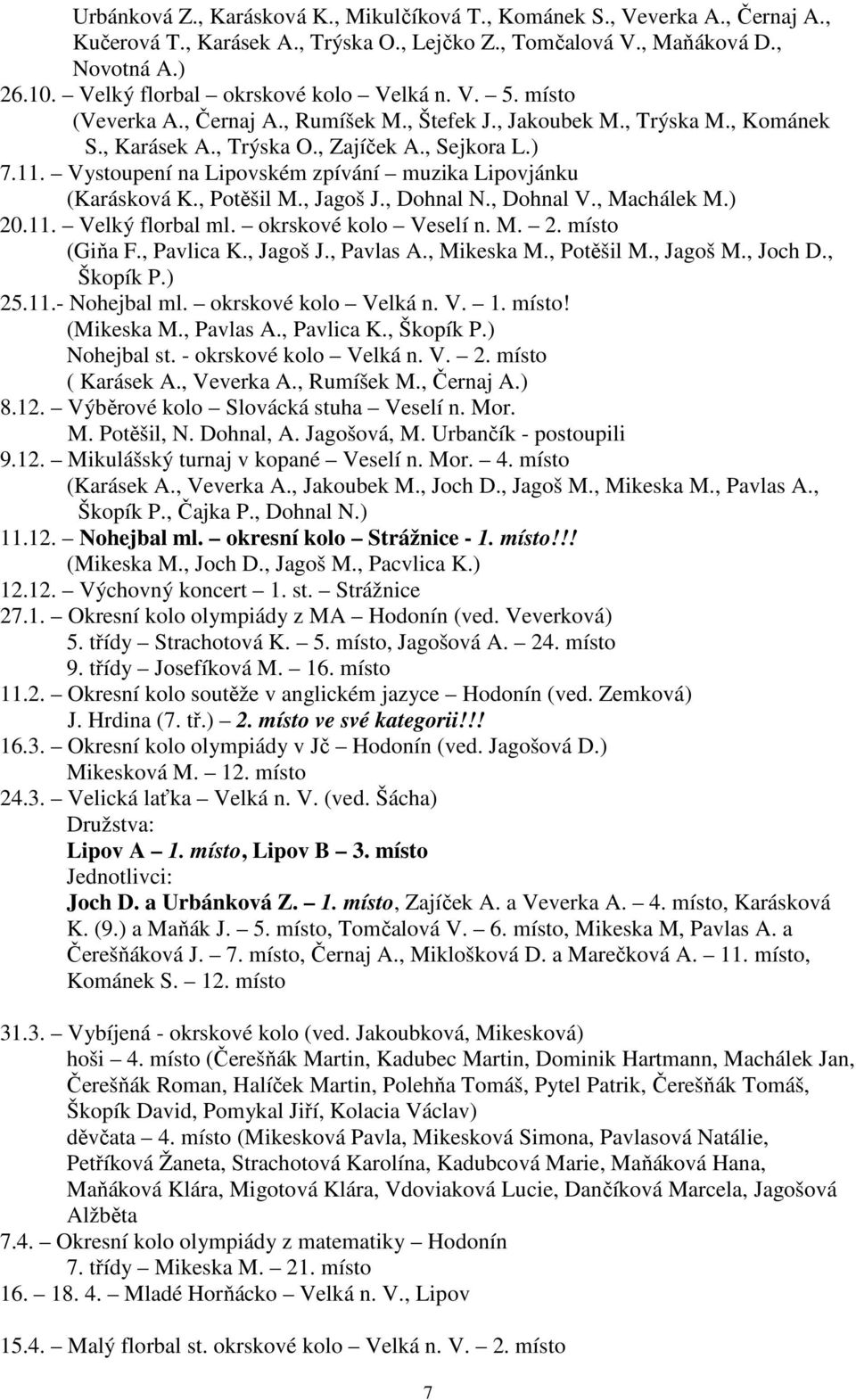 Vystoupení na Lipovském zpívání muzika Lipovjánku (Karásková K., Potěšil M., Jagoš J., Dohnal N., Dohnal V., Machálek M.) 20.11. Velký florbal ml. okrskové kolo Veselí n. M. 2. místo (Giňa F.