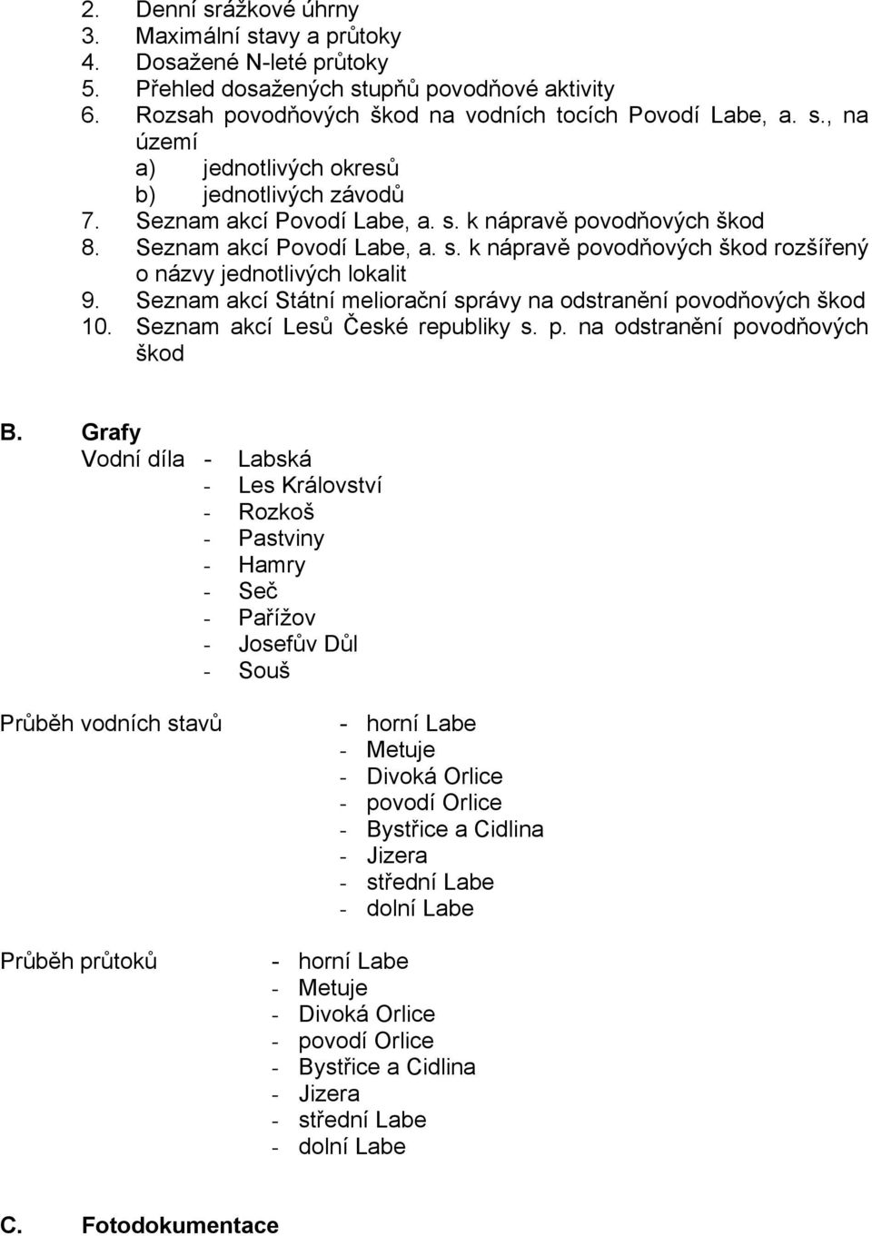 Seznam akcí Státní meliorační správy na odstranění povodňových škod 10. Seznam akcí Lesů České republiky s. p. na odstranění povodňových škod B.