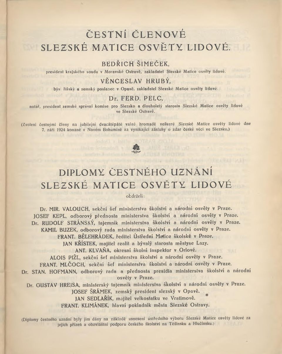 PELC, notář, president zemské správní komise pro Slezsko a dlouholetý starosta Slezské Matice osvěty lidové ve Slezské Ostravě.