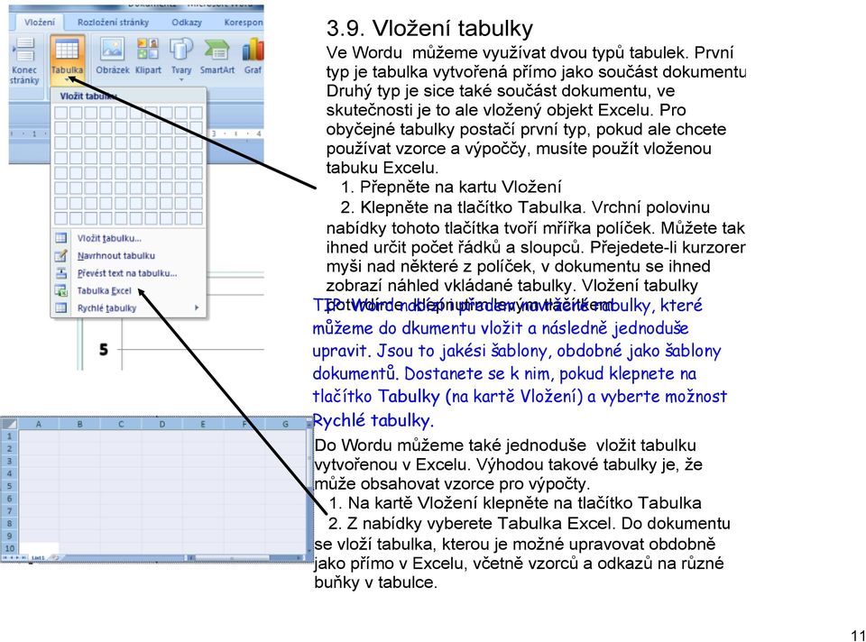 Pro obyčejné tabulky postačí první typ, pokud ale chcete používat vzorce a výpoččy, musíte použít vloženou tabuku Excelu. 1. Přepněte na kartu Vložení 2. Klepněte na tlačítko Tabulka.