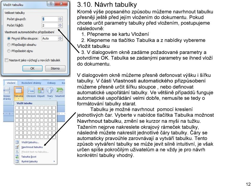 V dialogovém okně zadáme požadované parametry a potvrdíme OK. Tabulka se zadanými parametry se ihned vloží do dokumentu. V dialogovém okně můžeme přesně defonovat výšku i šířku tabulky.