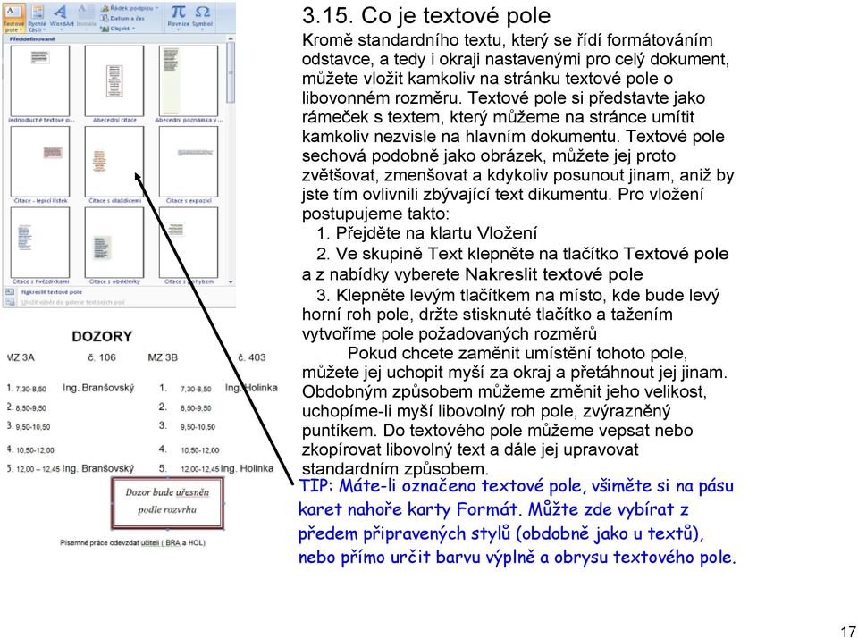 Textové pole sechová podobně jako obrázek, můžete jej proto zvětšovat, zmenšovat a kdykoliv posunout jinam, aniž by jste tím ovlivnili zbývající text dikumentu. Pro vložení postupujeme takto: 1.