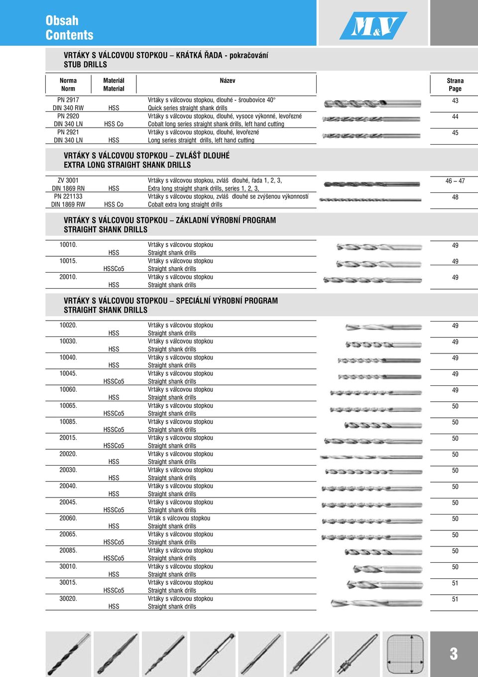 dlouhé, levořezné DIN 340 LN Long series straight drills, left hand cutting Strana Page 43 44 45 RTÁKY S ÁLCOOU STOPKOU ZLÁŠŤ DLOUHÉ EXTRA LONG STRAIGHT SHANK DRILLS Z 3001 rtáky s válcovou stopkou,