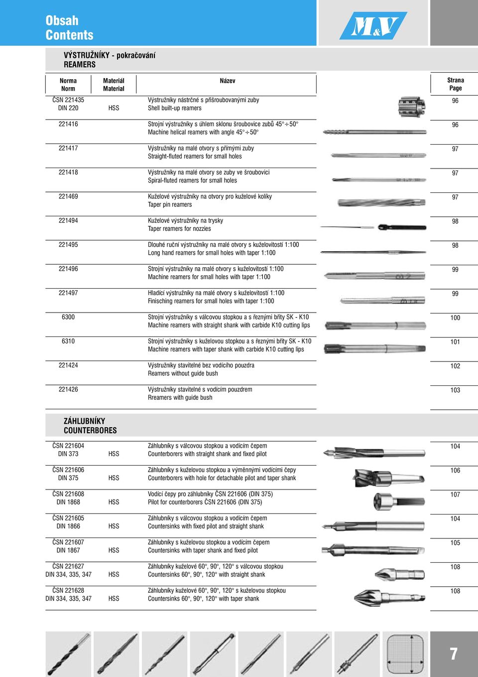 zuby ve šroubovici Spiral-fluted reamers for small holes 221469 Kuželové výstružníky na otvory pro kuželové kolíky Taper pin reamers 221494 Kuželové výstružníky na trysky Taper reamers for nozzies