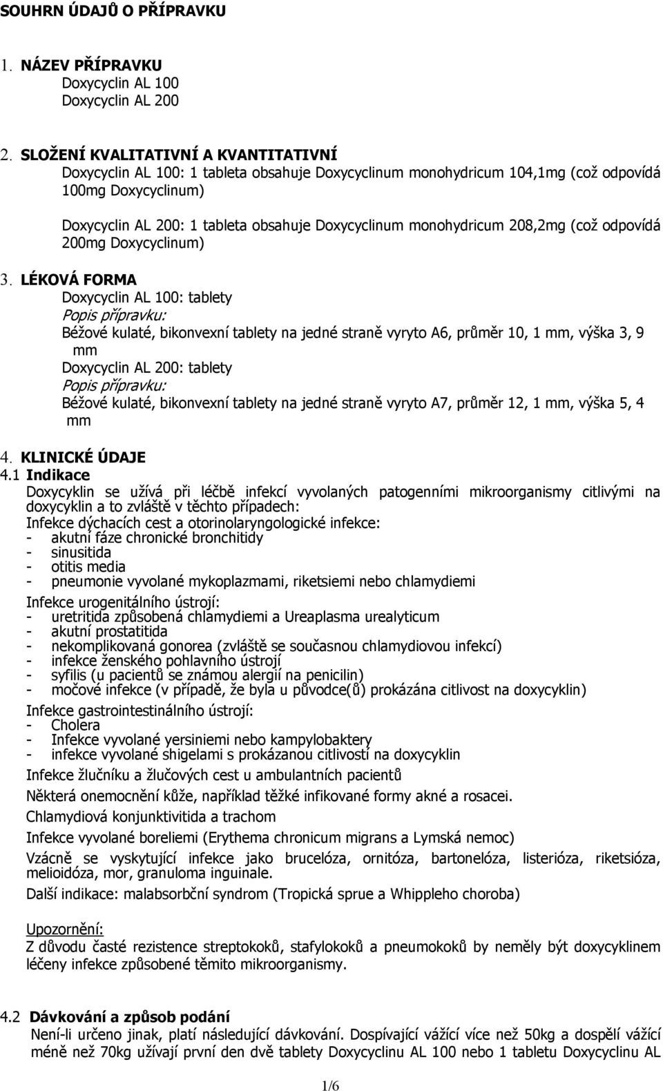 monohydricum 208,2mg (což odpovídá 200mg Doxycyclinum) 3.