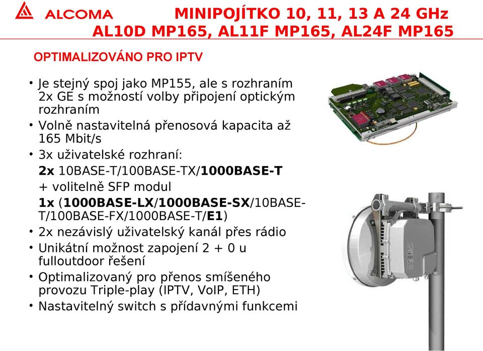 10BASE-T/100BASE-TX/1000BASE-T + volitelně SFP modul 1x (1000BASE-LX/1000BASE-SX/10BASE- T/100BASE-FX/1000BASE-T/E1) 2x nezávislý uživatelský kanál