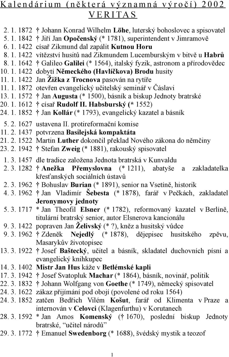 1. 1422 Jan Žižka z Trocnova pasován na rytíře 11. 1. 1872 otevřen evangelický učitelský seminář v Čáslavi 13. 1. 1572 Jan Augusta (* 1500), básník a biskup Jednoty bratrské 20. 1. 1612 císař Rudolf II.