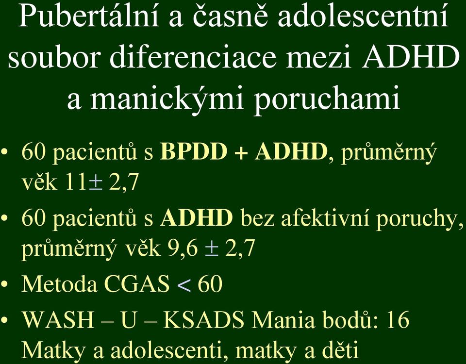 60 pacientů s ADHD bez afektivní poruchy, průměrný věk 9,6 2,7