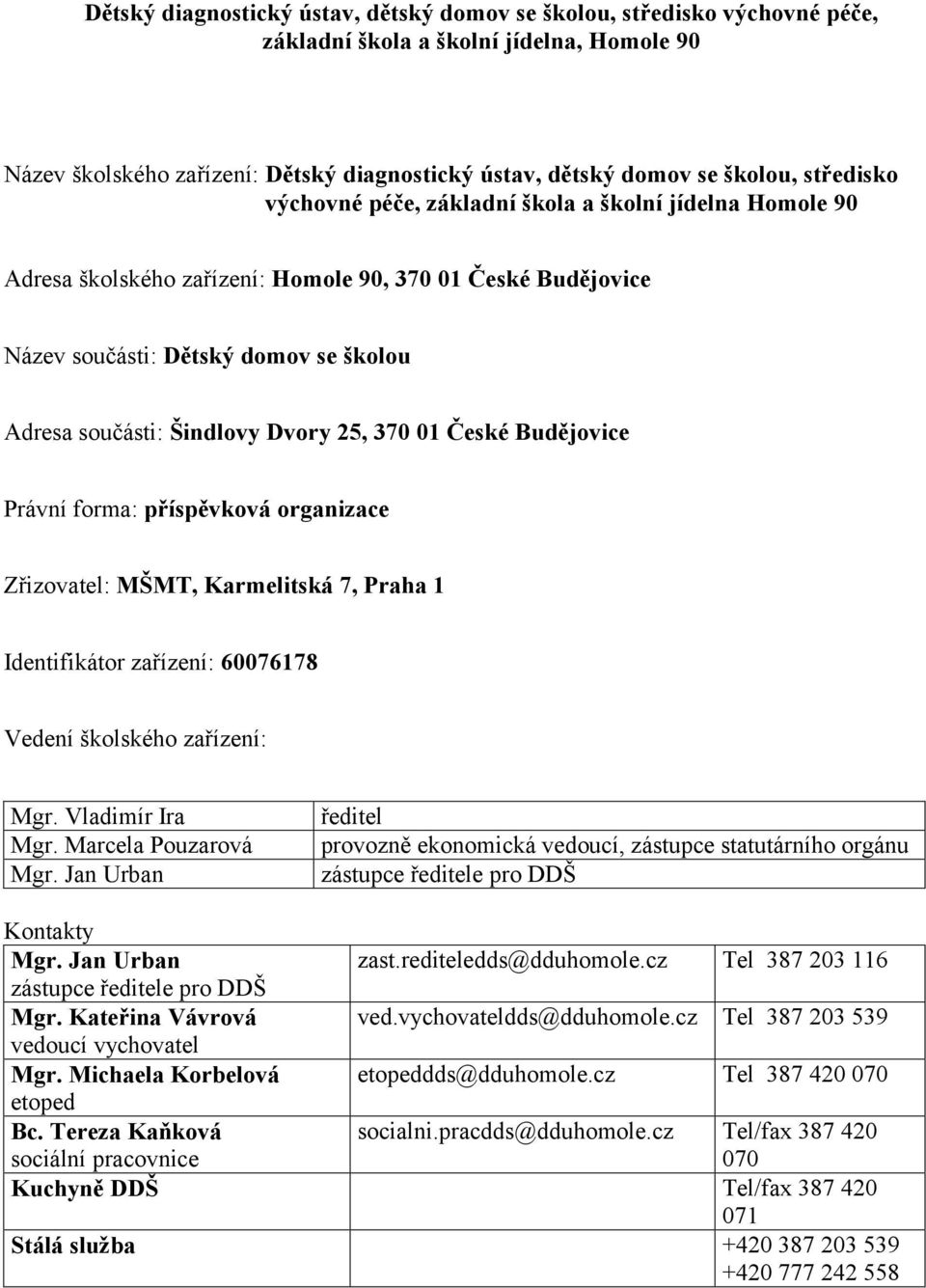 Identifikátor zařízení: 60076178 Vedení školského zařízení: Mgr. Vladimír Ira Mgr. Marcela Pouzarová Mgr. Jan Urban Kontakty Mgr. Jan Urban zástupce ředitele pro DDŠ Mgr.